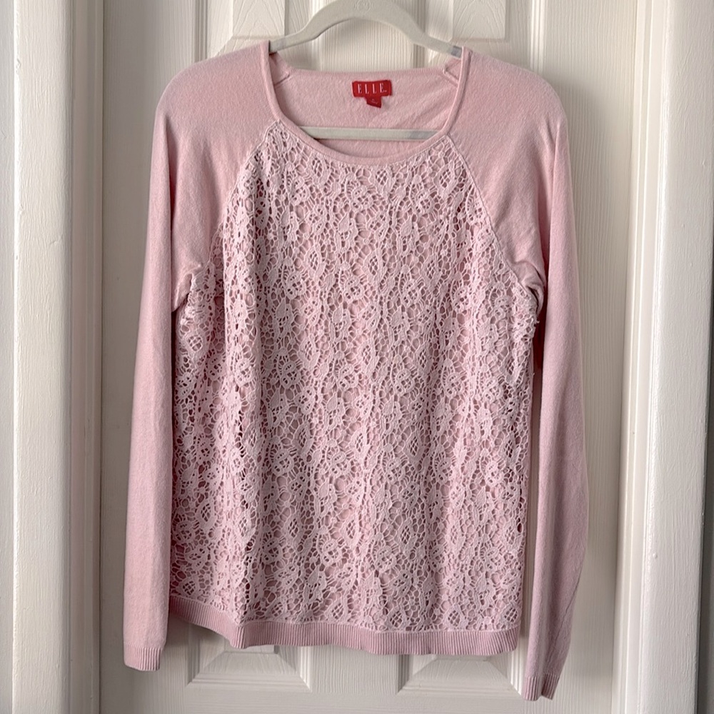 ELLE light pink crochet knit lace lightweight sweater XL